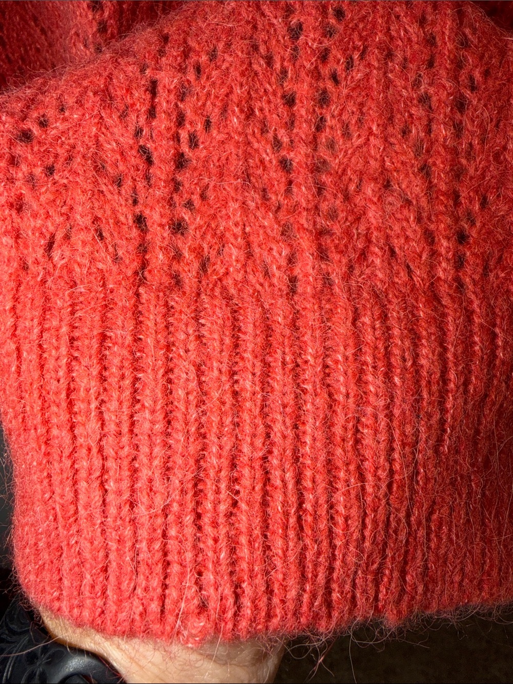 Marine Lauer Coral Red Open Knit V-Neck Sweater with Button Detail - Picture 9 of 11